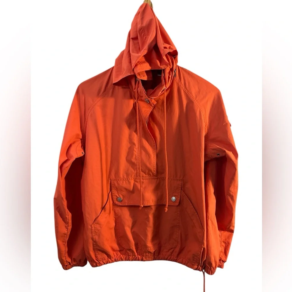 Chico's Anorak Jacket 3/4 Zip Orange Hidden Hood Medium Travel Packable Wind